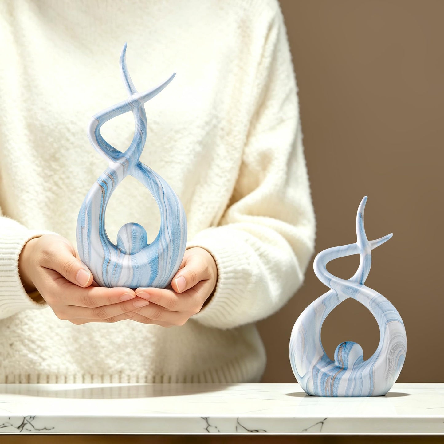 Blue Marble Ceramic Statues Set of 2, Abstract Knot Centerpiece Home Decor