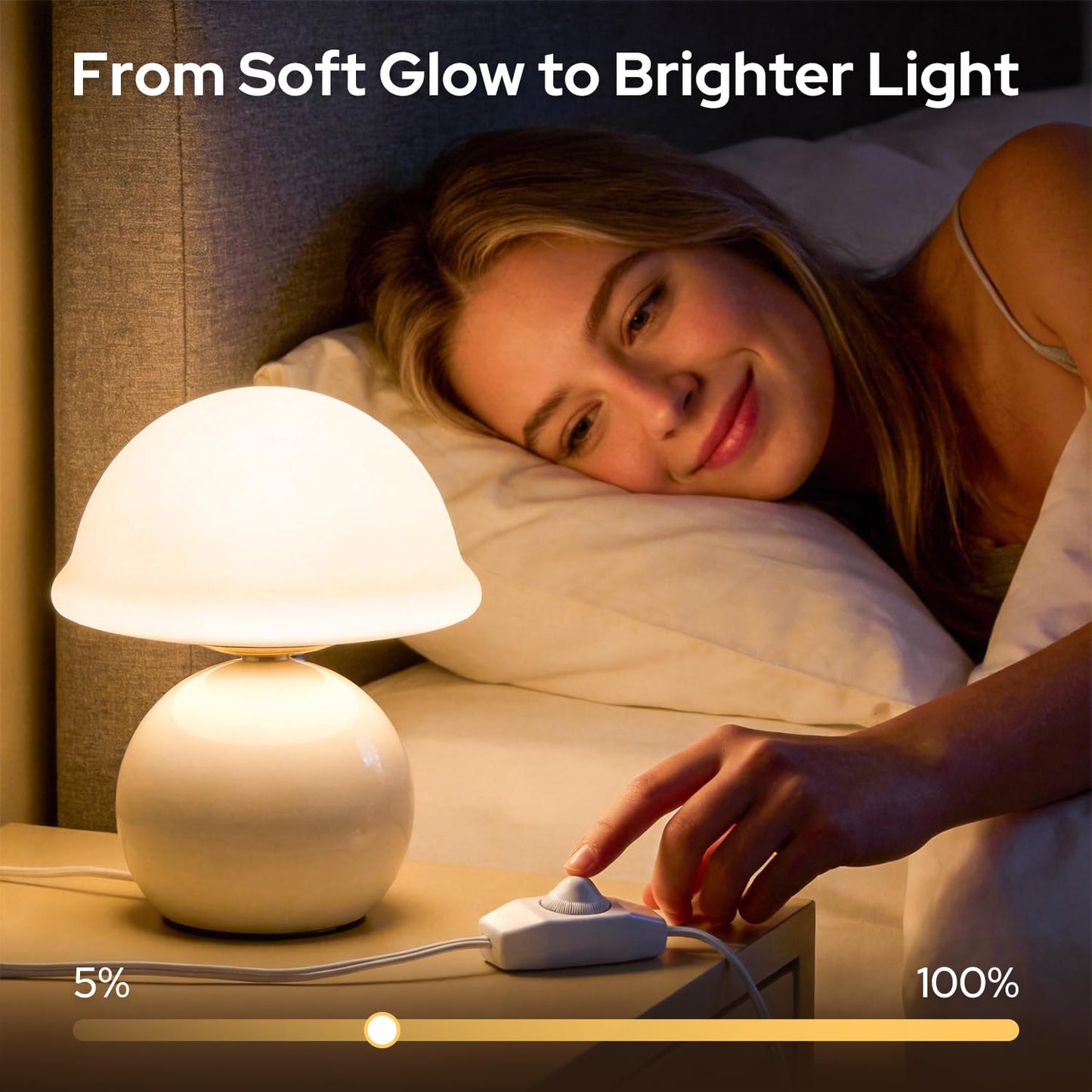 Komothala Mushroom Table Lamp for Bedroom, Cozy Bedside Lamp with Glass Shade, Stepless Dimmable Nightstand Lamp for Relaxing Bedroom Decor & Aesthetic Home (White)