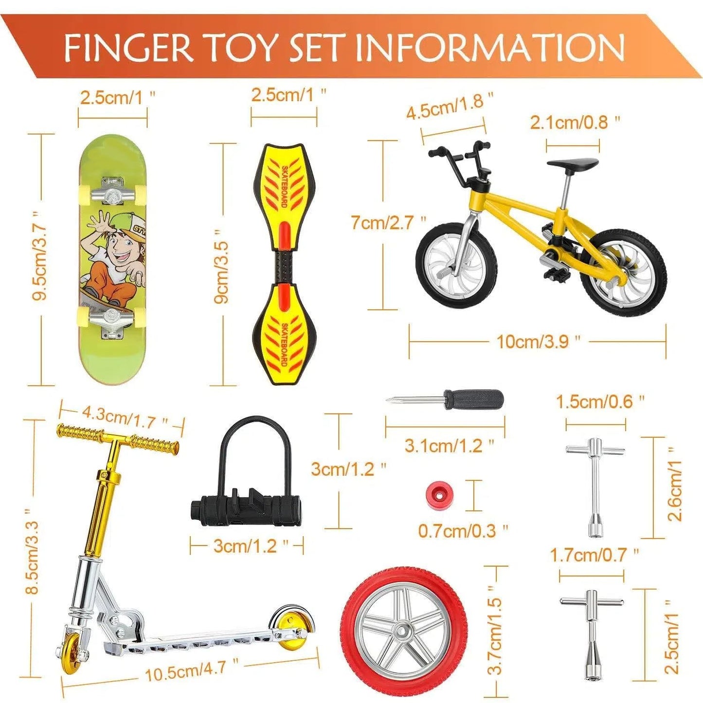 18 Pieces Mini Finger Toys Set Finger Skateboards Finger Bikes Scooter Tiny Swing Board Fingertip Movement Party Favors Wheels and Tools