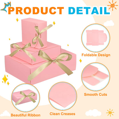 PATIKIL Gift Boxes with Lids, (10.6 x 7.8 x 3.1 Inch, Pink) (10 Pcs), Kraft Paper Bridesmaid Proposal Box with Gold Wrap Ribbons for Christmas Birthday Wedding Graduation Party