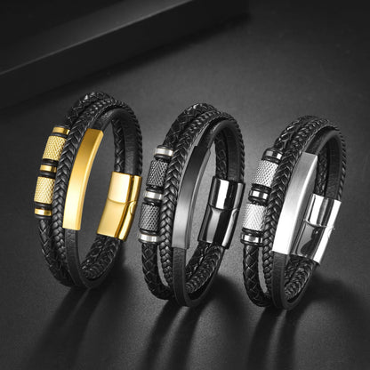 Mens Leather Bracelet, Leather Bracelet For Men, Multi-Layer Braided Leather Mens Bracelet with Stainless Steel Clasp, Perfect or Dad, Husband, Son, Grandson, Nephew, Comes With Gifts Box(Black)