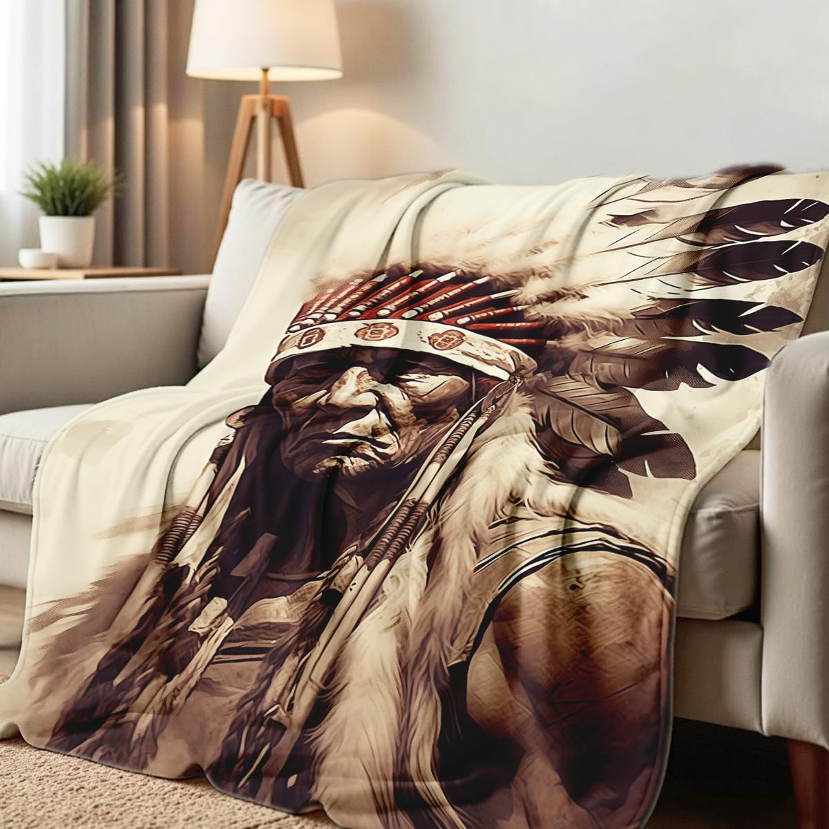 HUNXIAOJ Native American Blankets for Men Indian Print Blankets and Throws for Couch Bed Room Home Western Decor Flannel Throws Queen Size Native American Indian Gifts (49"x59")