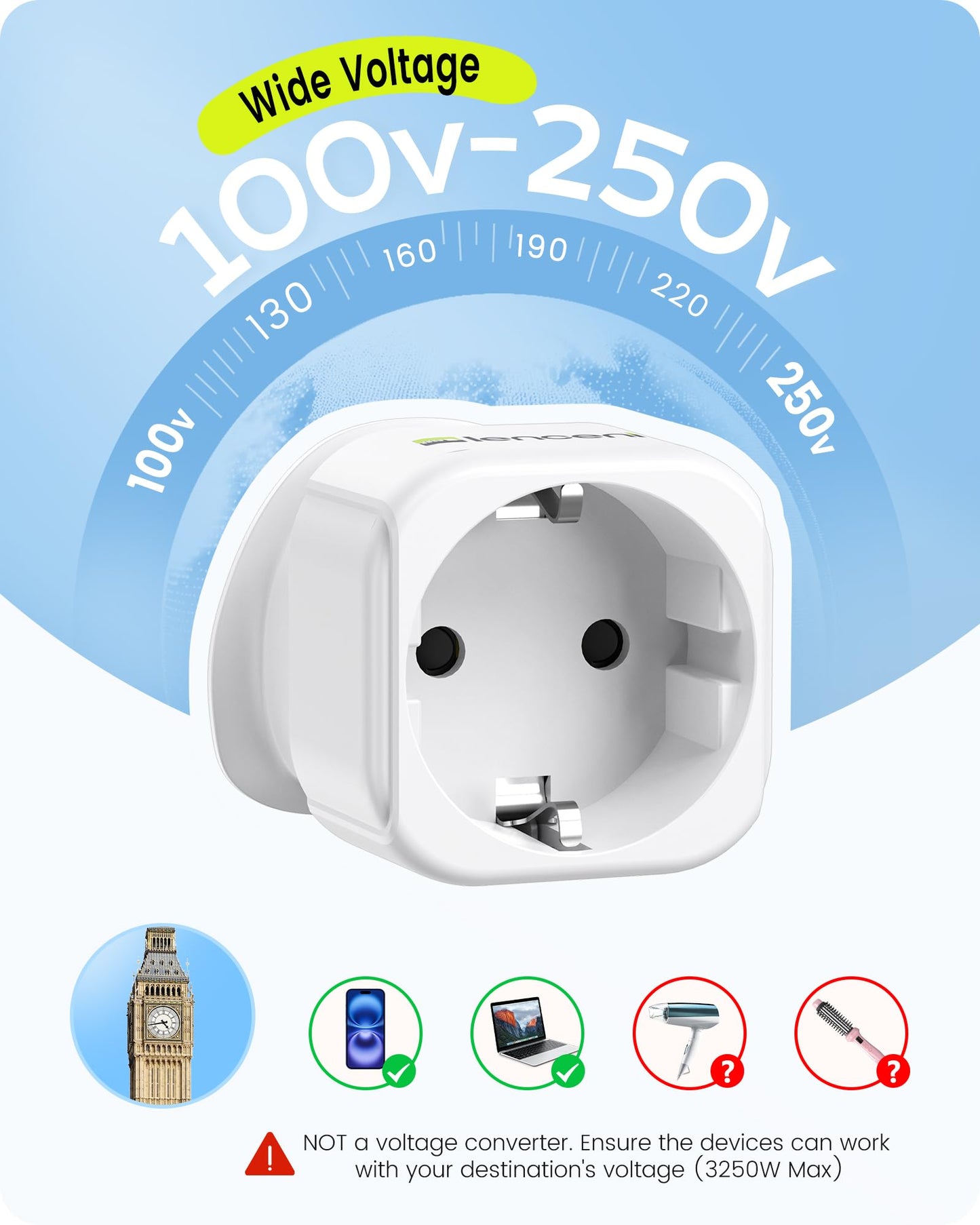LENCENT 2X EU to UK Plug Adapter, Europe Schuko 2 Pin to 3 Pin UK Travel Adaptor, European Euro to British Adapter- 2 Pack, White