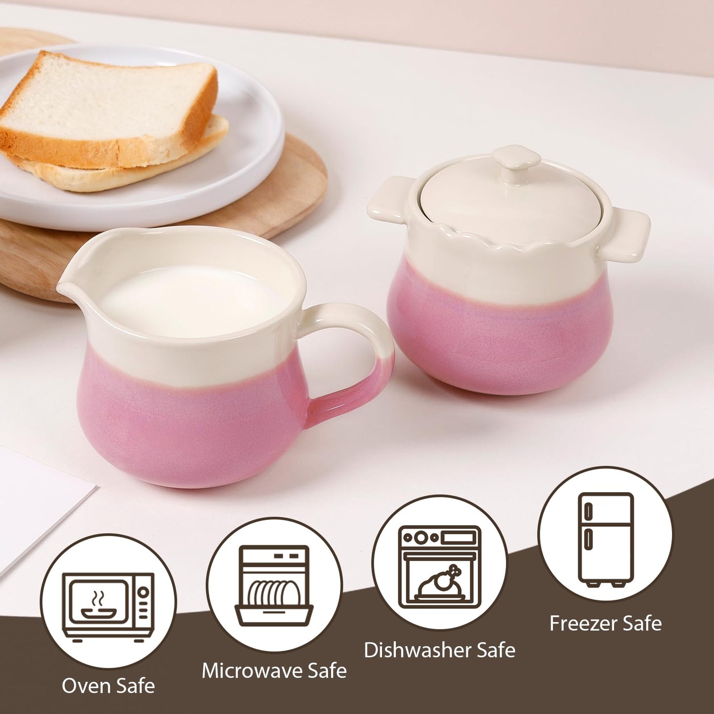 INGOFIN Ceramic Sugar and Creamer Set, 2-Piece French Style Cream Pitcher and Sugar Bowl with Lid, Coffee and Tea Serving Set for Home Kitchen, Microwave & Dishwasher Safe, Pink and Beige