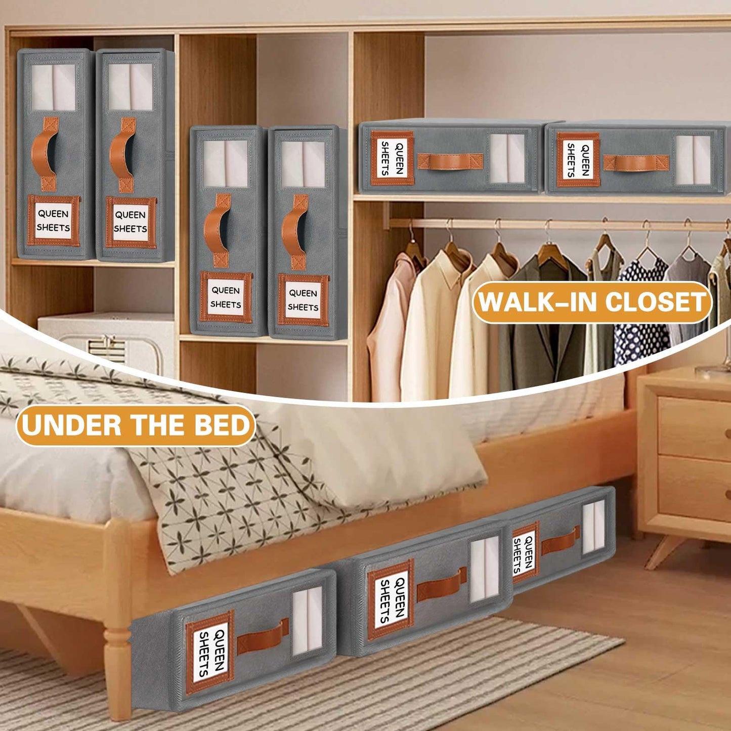 GhvyenntteS Sheet Organizers and Storage 4 Pack (Queen & King Size), Foldable Bed Sheet Organizer with Window and Label, Storage with Leather Handle, Grey