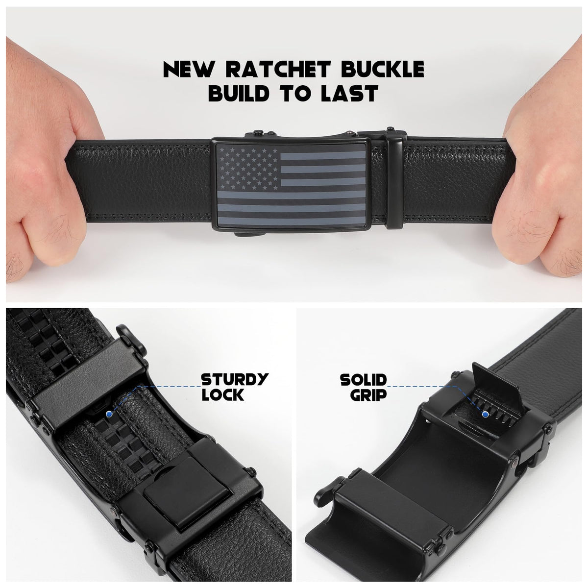 SANSTHS Mens Leather Belts Ratchet Black Dress Belt for Men with Automatic Slide Buckle Everyday Jeans Gift Belt for Him