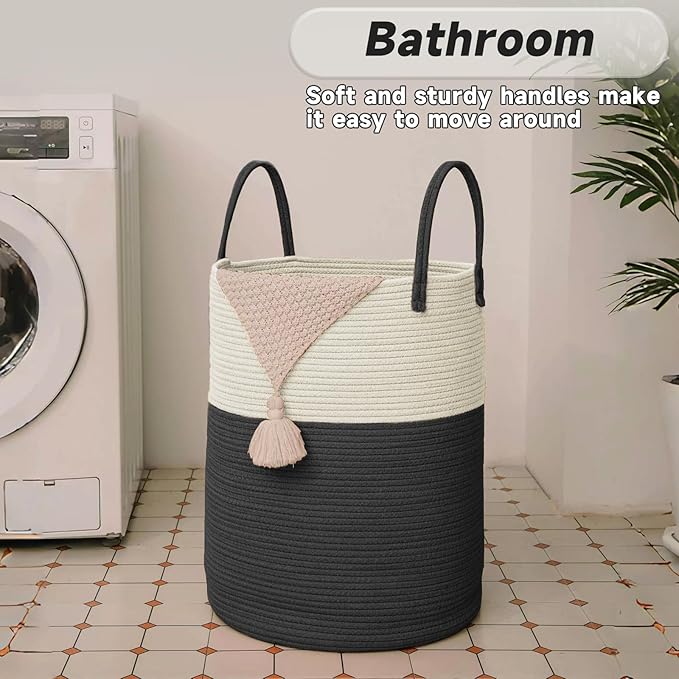 Large Woven Laundry Basket Hamper, 60L Cotton Rope Storage Bin