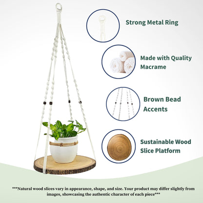 Leafy Accents Hanging Plant Shelf - Hanging Planters for Indoor Plants - Hanging Plant Holder with Floating Raw Wood Shelf - Window Plant Hanger - Minimalist Home Decor (Natural)