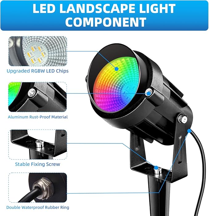 RGBW Low Voltage Landscape Lighting with Connectors,16 Color Changing Spot Lights Outdoor AC/DC12V-24V IP67 Waterproof Landscaping Lights for Garden Yard Tree Halloween Christmas Decor, 2 Pack