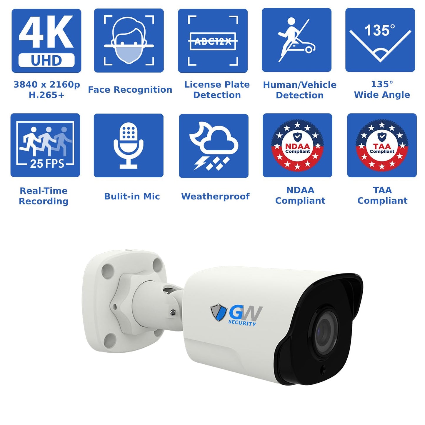 GW Security 16 Channel NVR UltraHD 4K Face Recognition NDAA & TAA Compliant Security Camera System with 16 x 8MP @25FPS Outdoor & Indoor PoE Bullet Cameras, 10 Smart AI Functions