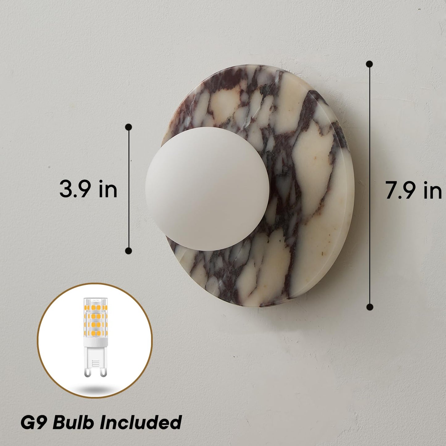 DLITISH 7.9 inch Natural Marble Wall Sconce, 1-Light Modern Alabaster Wall Lamp with Glass Lampshade, G9 Base Hardwired Stone Sconce Light for Bedroom, Living Room, Corridor, Bathroom, Entryway