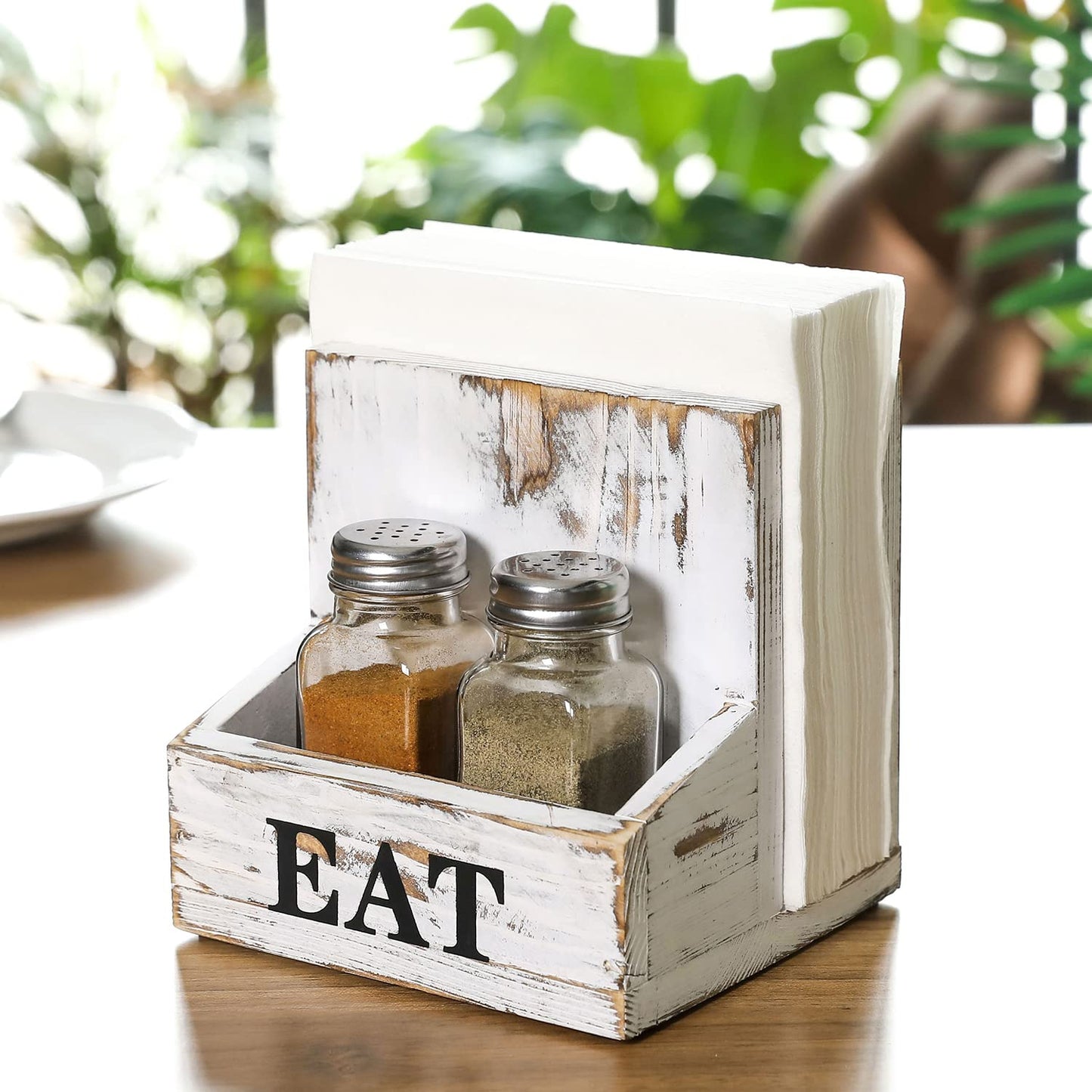 MyGift Napkin Holder for Table, Wood Napkin Holder with Salt and Pepper Shakers Set, Condiment Caddy with Bold Black Printed EAT Design, Standing Paper Napkin Storage for Kitchen Dining Table Decor