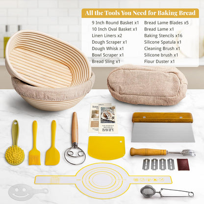 Sourdough Starter Kit, Banneton Bread Proofing Baskets Set, Sourdough Bread Baking Supplies Making Tools with Dough Scraper, Whisk, Bread Lame, Recipe