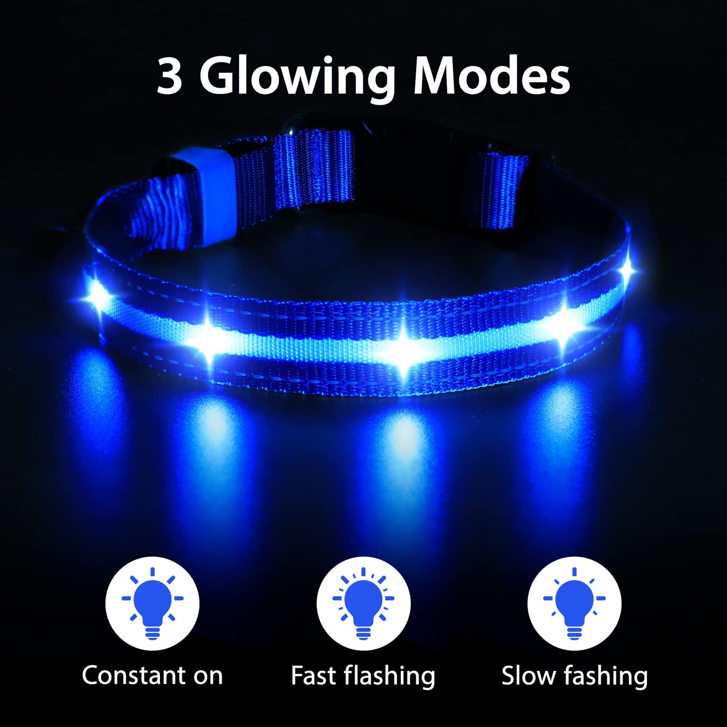 MASBRILL Luminous Dog Collar, LED Rechargeable and Waterproof Dog Collar, 3 Glowing Modes and Adjustable Size Suitable for Small Large Dogs (Blue, M)