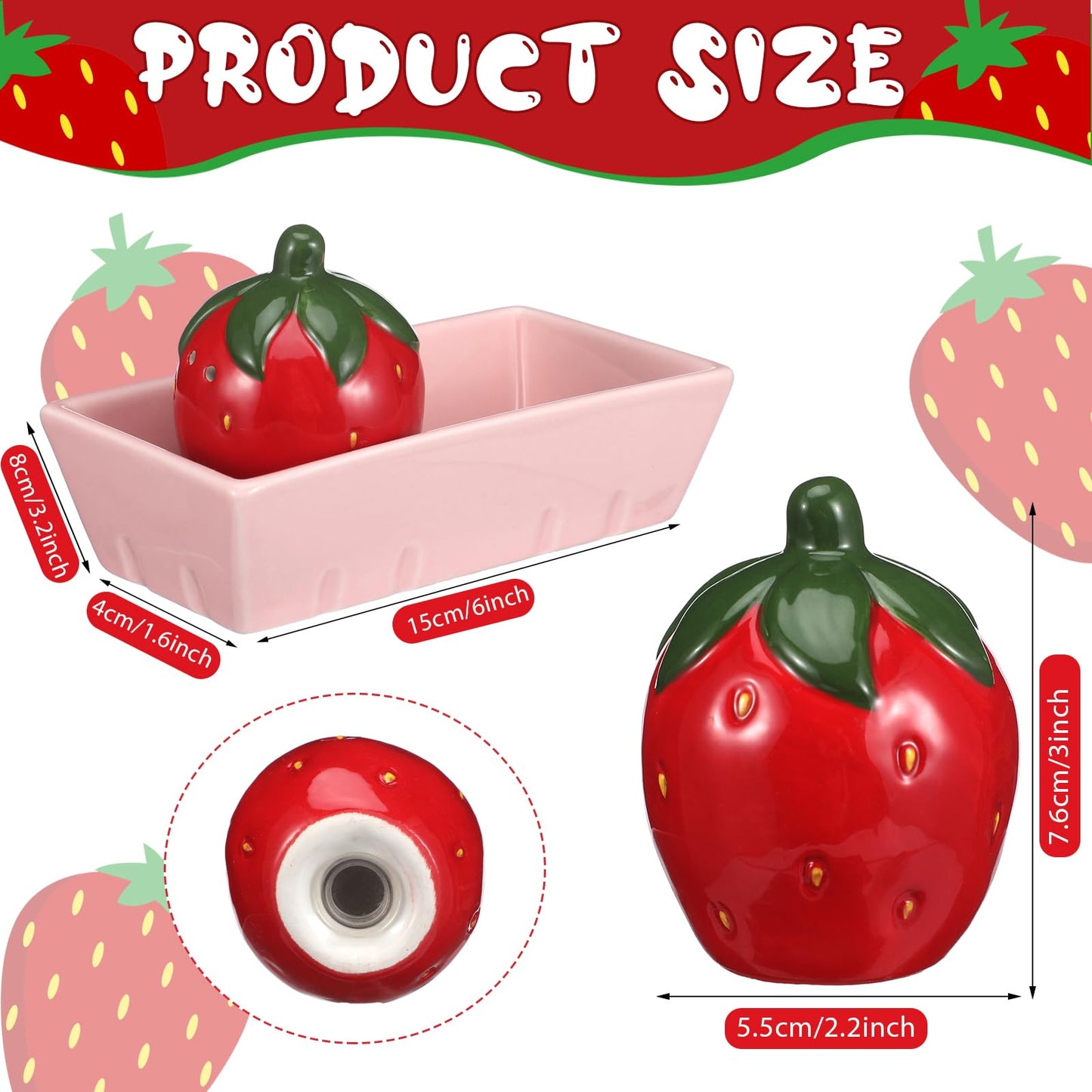 3 Pcs Strawberry Salt and Pepper Shakers Set, Cute Salt and Pepper Shakers with Pink Tray Funny Ceramic Spice Dispenser Storage Canisters for Housewarming Kitchen Table Supplies