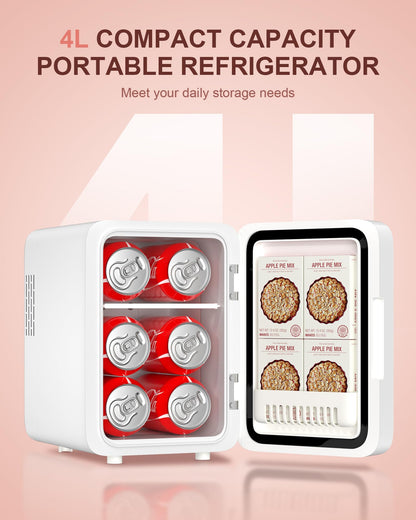 Skincare Fridge With Dimmable LED Light Mirror, 4L Mini Fridge For Desktop, Travel or Cool & Heat, Makeup Fridge for Cosmetics, Skin Care and Food, Green