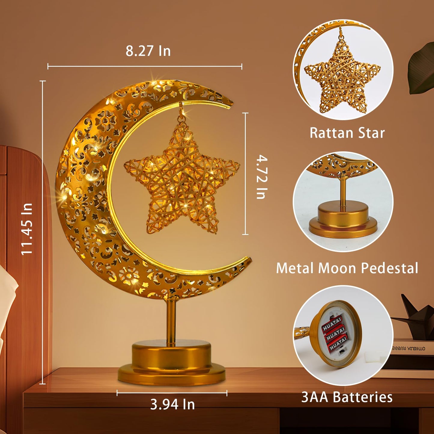 GOUTOOL Art Deco Table Lamp, Rattan Star LED Night Light, Moon Lamp with Cordless Design, Home Decor Gift for Living Room, Office, Holiday
