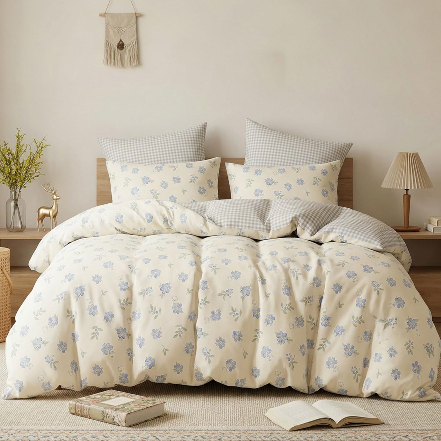 Erwinmu Floral Comforter Set King Size - 3 Pieces Blue Beige Floral Comforter Bedding Sets Reversible Gingham Pattern,King Bed in a Bag with Flowers Comforter and 2 Pillowcases