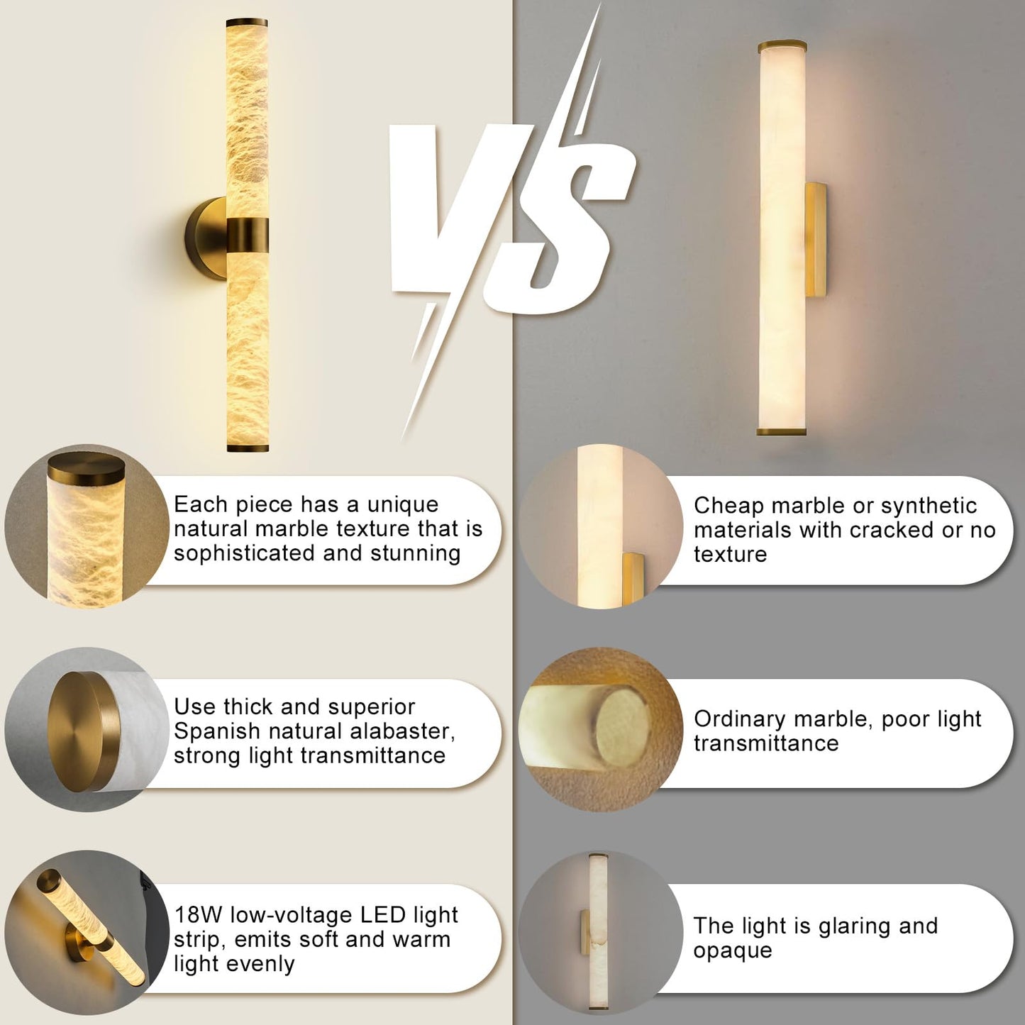 OSRoyce Alabaster Wall Sconces, 24" Brass Wall Sconce, Cylinder Natural Spanish Marble Sconces Wall Lighting, Modern Gold Dimmable Wall Lights for Living Room Bedroom Bathroom Stairs Hallway Entryway