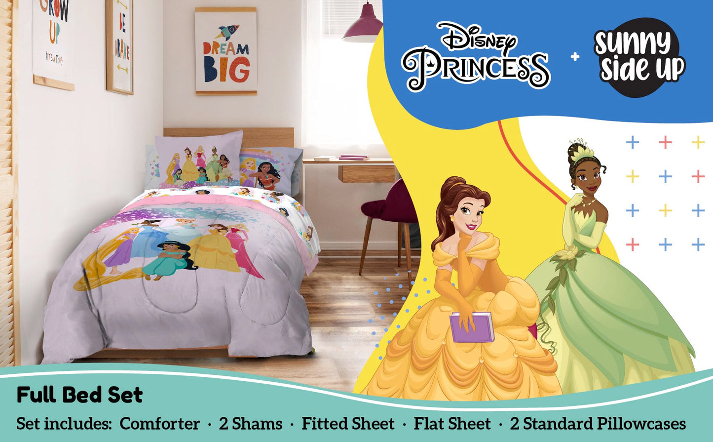 Disney Princess Full Comforter Set - 7 Piece Kids Bedding Includes Comforter, Sheets & Pillow Cover - Super Soft Rainbow Stars Microfiber Bed Set