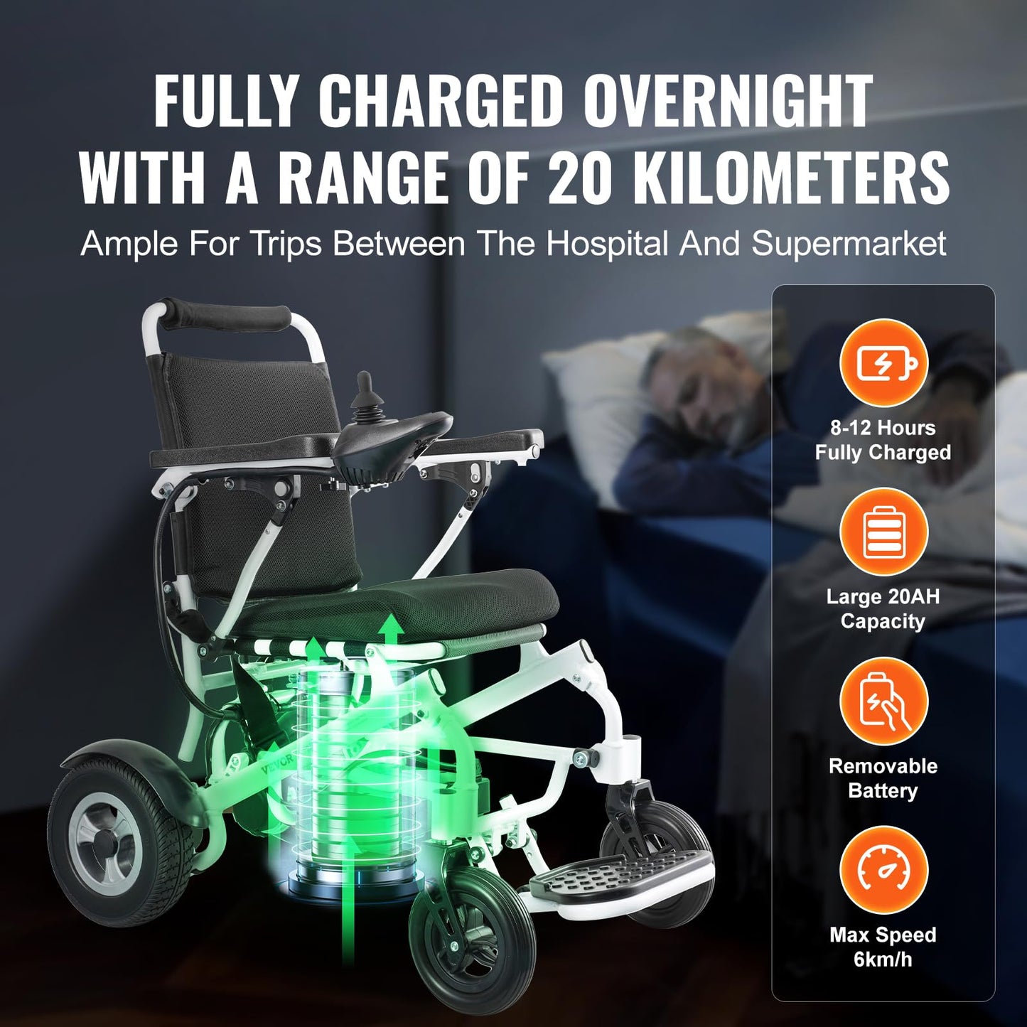 VEVOR Electric Wheelchair for Adults Seniors, 300 lbs Weight Capacity, 17.7 in Width Lightweight Foldable Motorized Power Wheelchairs, UP to 12.5 Miles Range All Terrain Aluminum Alloy Chair