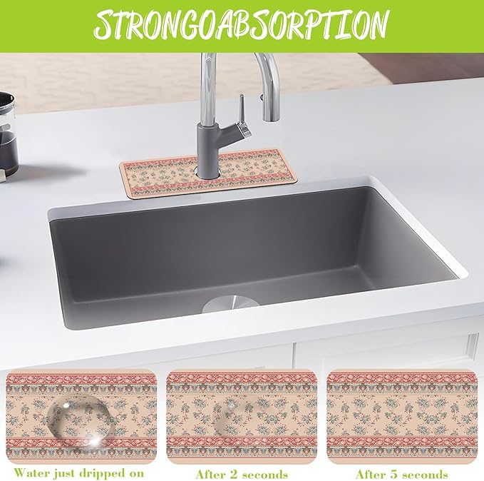 Sink Splash Guard Faucet Mat Retro Boho Flowers Absorbent Fast Drying Mat Sink