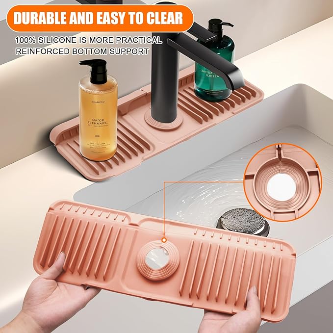 14.5" Pink Silicone Faucet Mat for Kitchen Sink – Button Style Faucet Drip