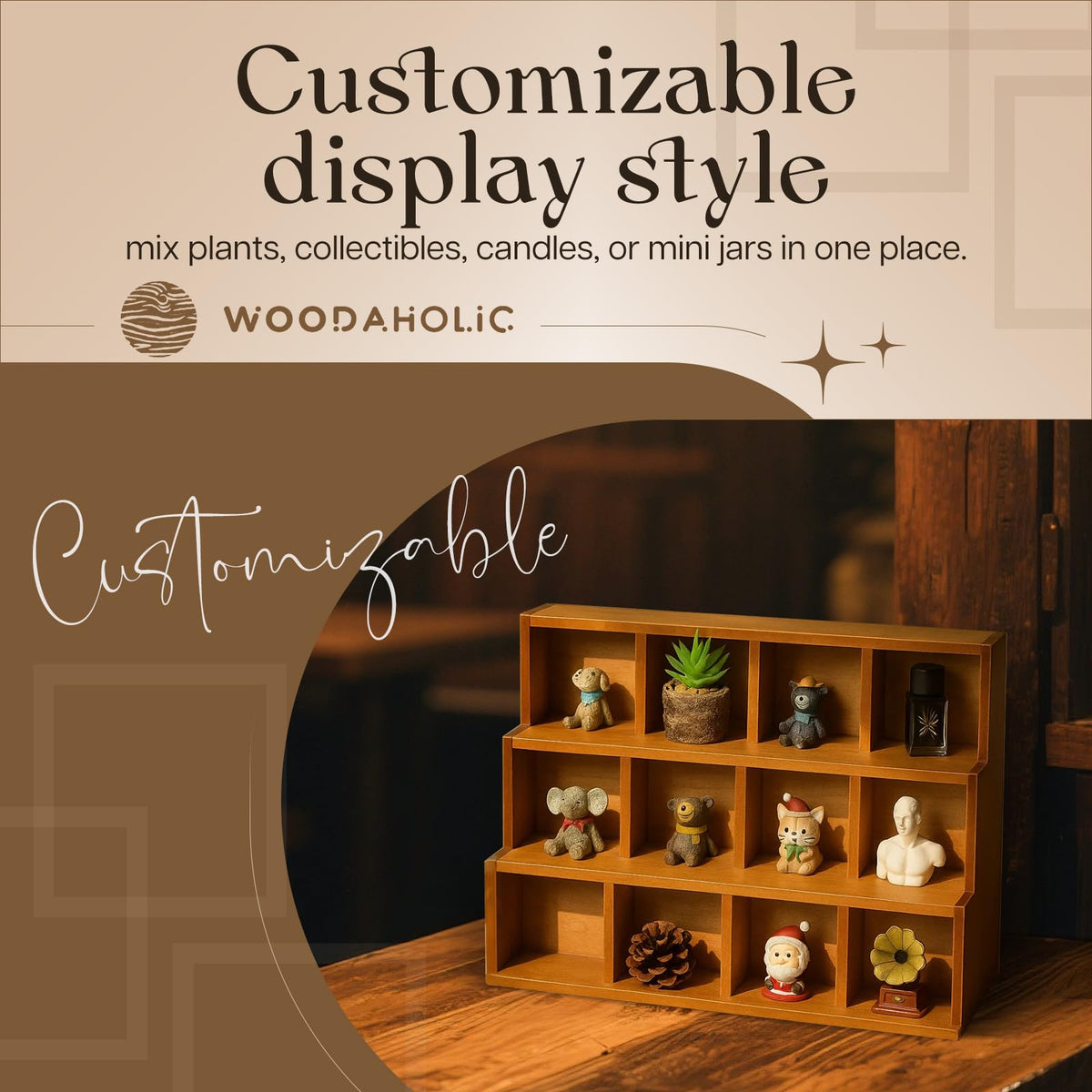 Woodaholic Wood 3-Tier Riser Stand Display Organizer – Versatile Tiered Desktop Shelf for Collectibles, Plants, Candles or Stationery – Stackable & Freestanding Wooden Storage Rack for Home or Office