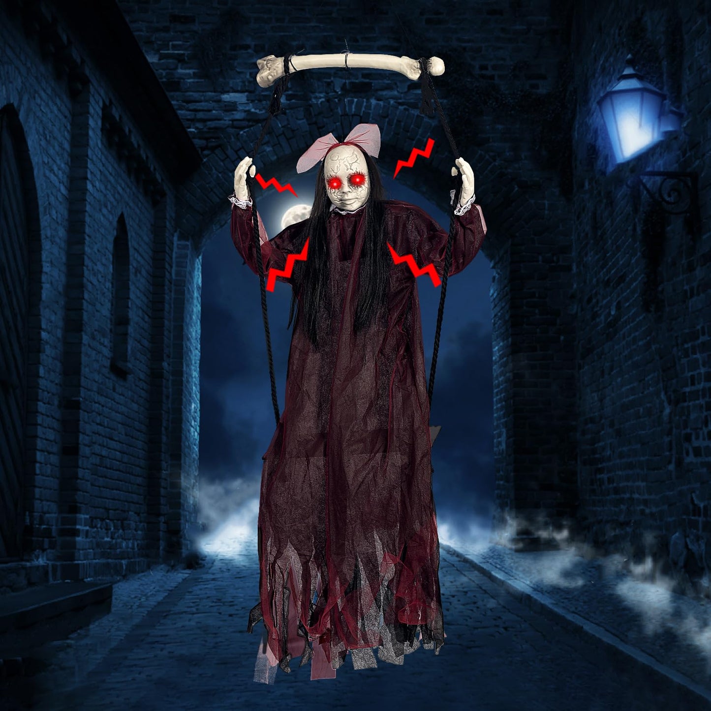 KEUCL Halloween Decorations, Hanging Swing Ghost with Voice Activated, Creepy Sound/Light Up Eyes, Halloween Animatronics Spooky Haunted House Holiday Prop for Outdoor Indoor Yard Garden Patio Trees