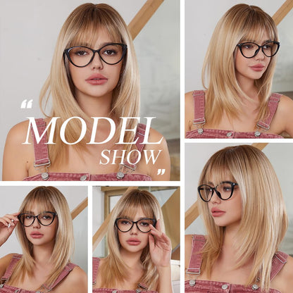 OUFEI Ombre Blonde Wigs for Women Medium Length Long Straight Wig with Bangs Synthetic Hair Heat Resistant Wigs for Everyday Party Cosplay Wear