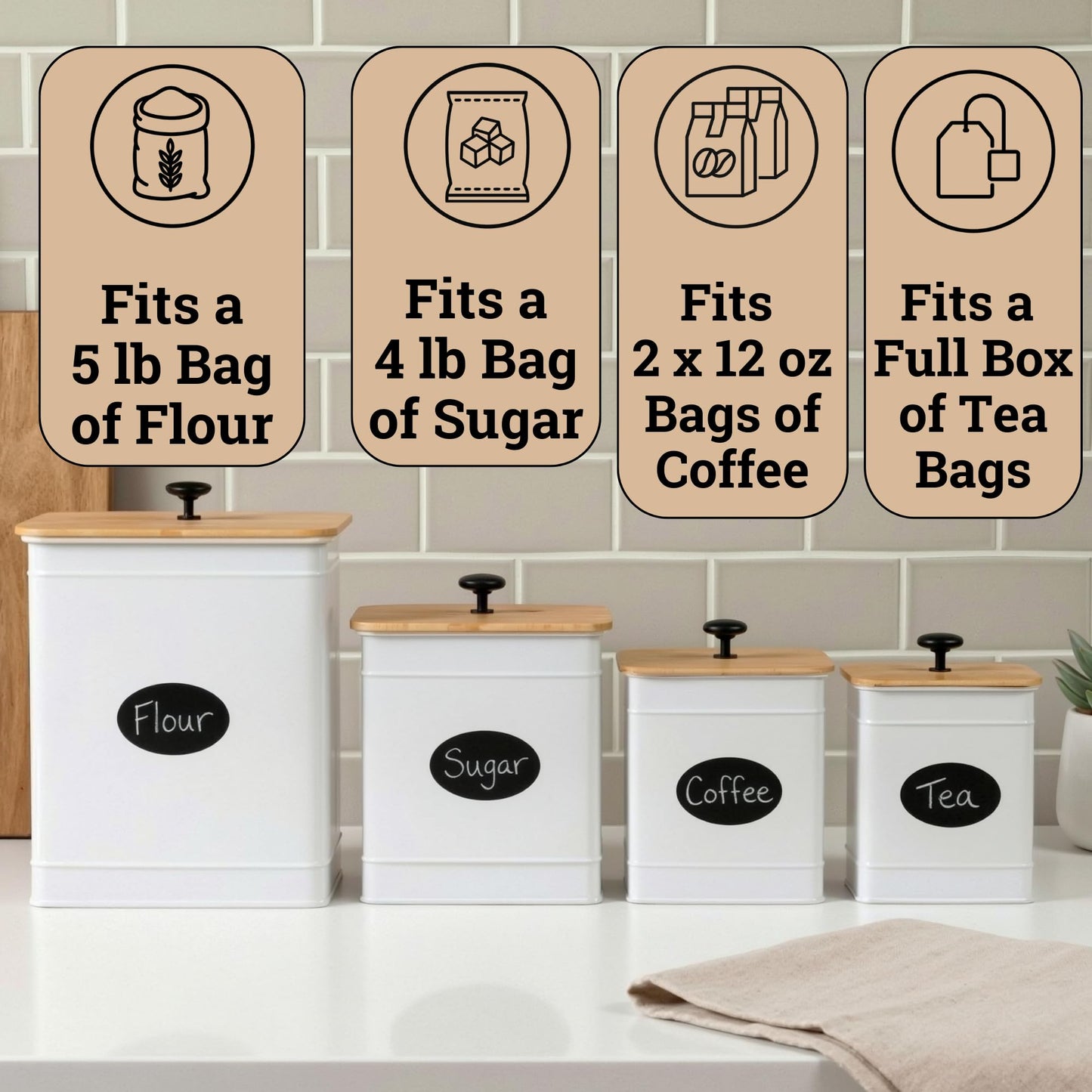 Kitchen Canisters for Countertop Set of 4 with Customizable Chalkboard Labels & Marker Pen - Big Iron Kitchen Canisters with Airtight Lids - Canisters Sets for the Kitchen - White Kitchen Canister Set