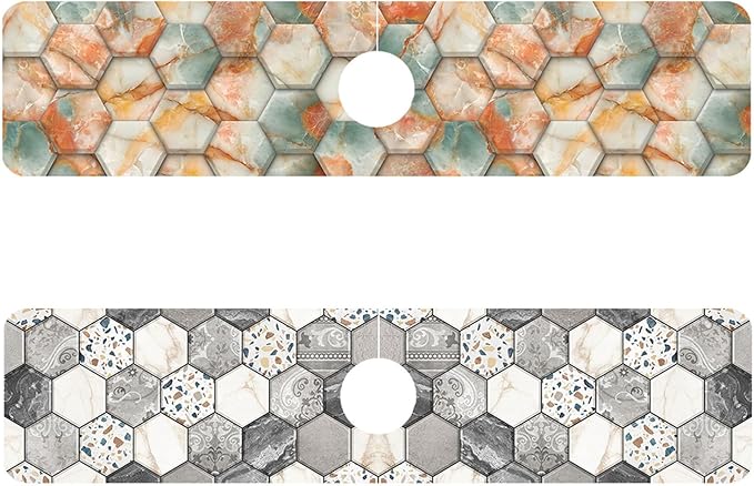 2 Pack Hexagon Marble Sink Splash Guard Faucet Mat Gold Glitter Lines Marble