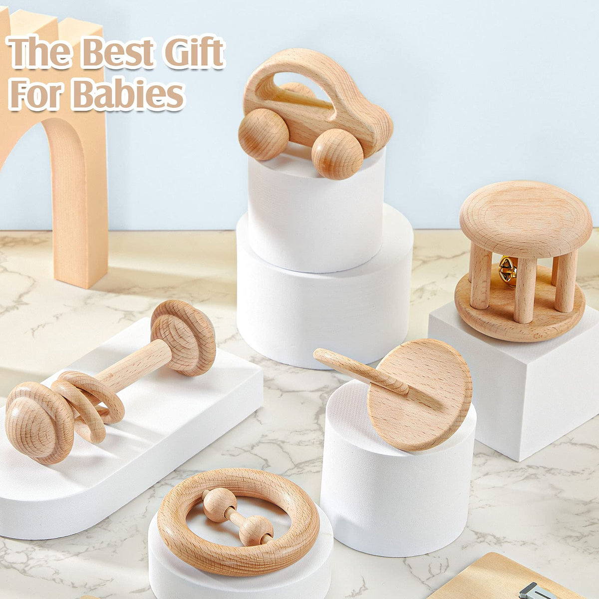 Zhanmai 5 Pcs Wooden Baby Toys Montessori Toys for 0-6-12 Months Sensory Baby Rattles with Bells Push Car Wooden Newborn Boys and Girls Gifts for Toddlers 1-3 Years Infant Grasping Sensory Development