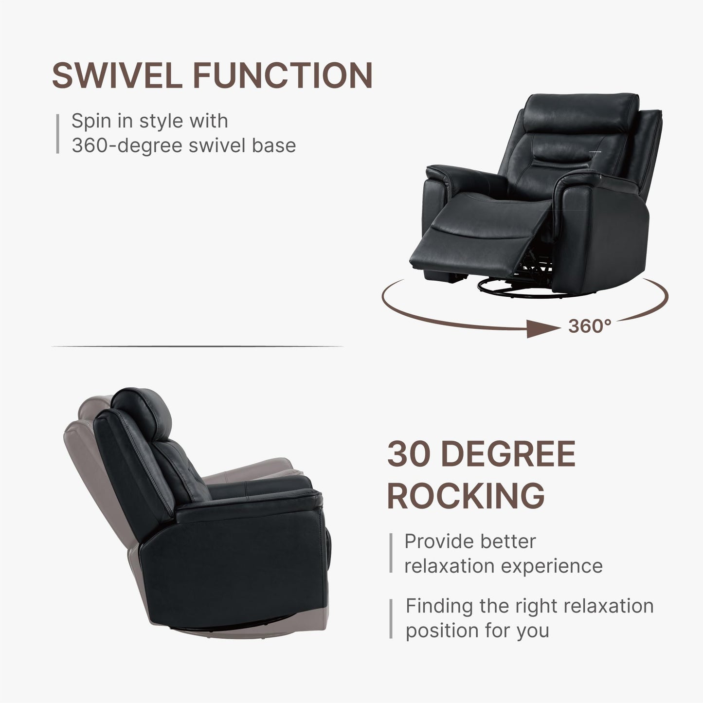 KISLOT Leather Recliner Chair, 360° Swivel Rocker Faux Leather Manual Recliner with Adjustable Backrest & Footrest Ergonomic Single Lounge Chair for Living Room, Bedroom, Home Theater