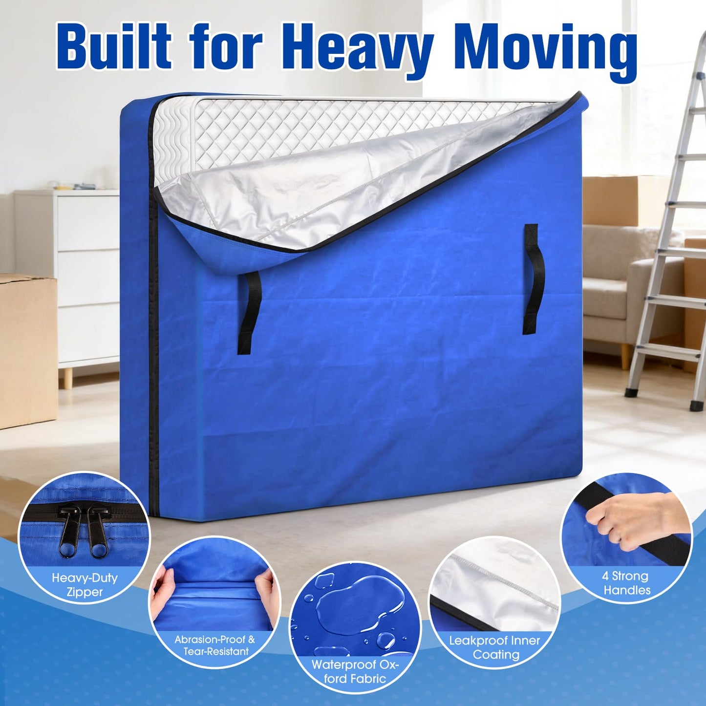 BlissTrends Extra Thick Mattress Bags for Moving and Storage, Waterproof Mattress Protector with Sturdy Handles & Reinforced Zipper, Heavy Duty Tarp Material Reusable Bed Cover (77"x57"x15" Full Size)