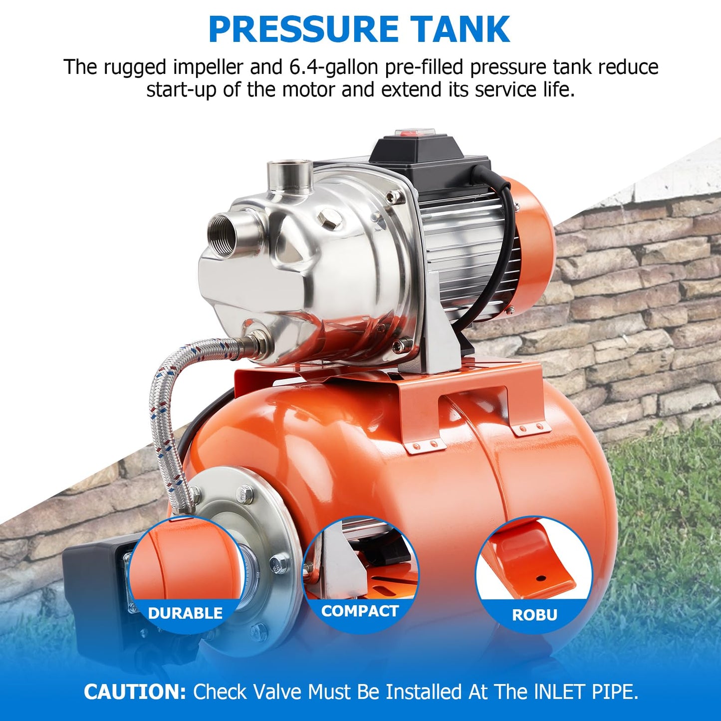 GarveeTech 1.6HP Shallow Well Pump With Pressure Tank, Stainless Steel Water Transfer Pump, 115V Water Pump With Automatic Pressure Switch, Electric Utility Pump for Garden, Pool, Well, Irrigation
