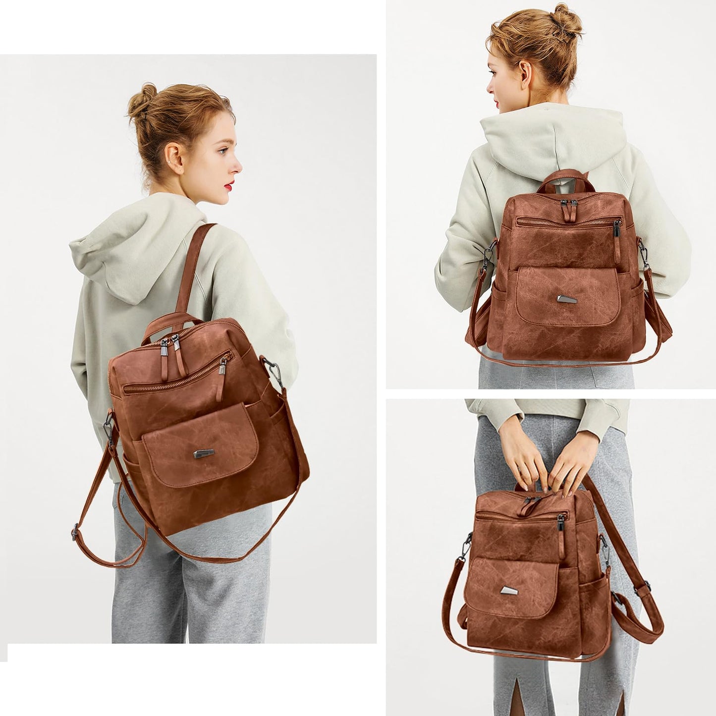 Puwuzixi Women Backpack Waterproof Anti-Theft Lightweight PU Fashion Travel Multipurpose Convertible Purse Shoulder Bag Handbag Backpack Caramel Brown