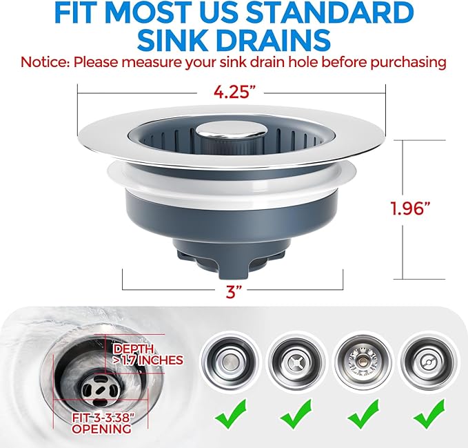 zaa 2 Pack Sink Drain Strainer, Sink Stopper, 3 in 1 Stainless Steel Kitchen