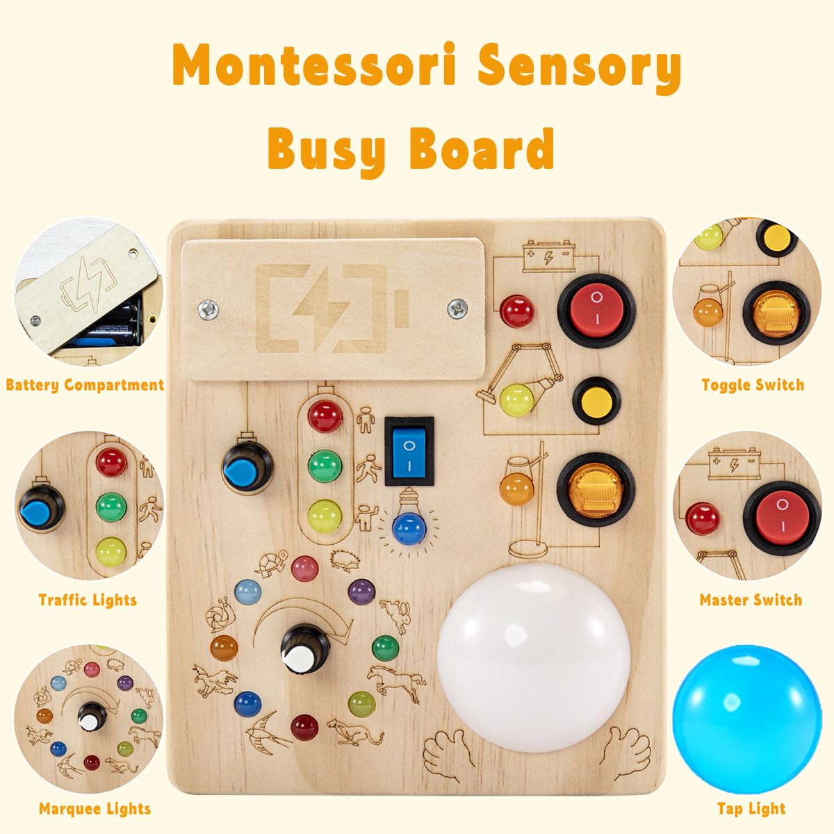 IRUPEN Montessori Busy Board for Toddlers 1-3 Year Old, Sensory Activity Toys for Baby Aged 1 2 3 Years Old with LED Light Switches, Wooden Travel Toys for Boys Girls Gift (Tap Light Busy Board)