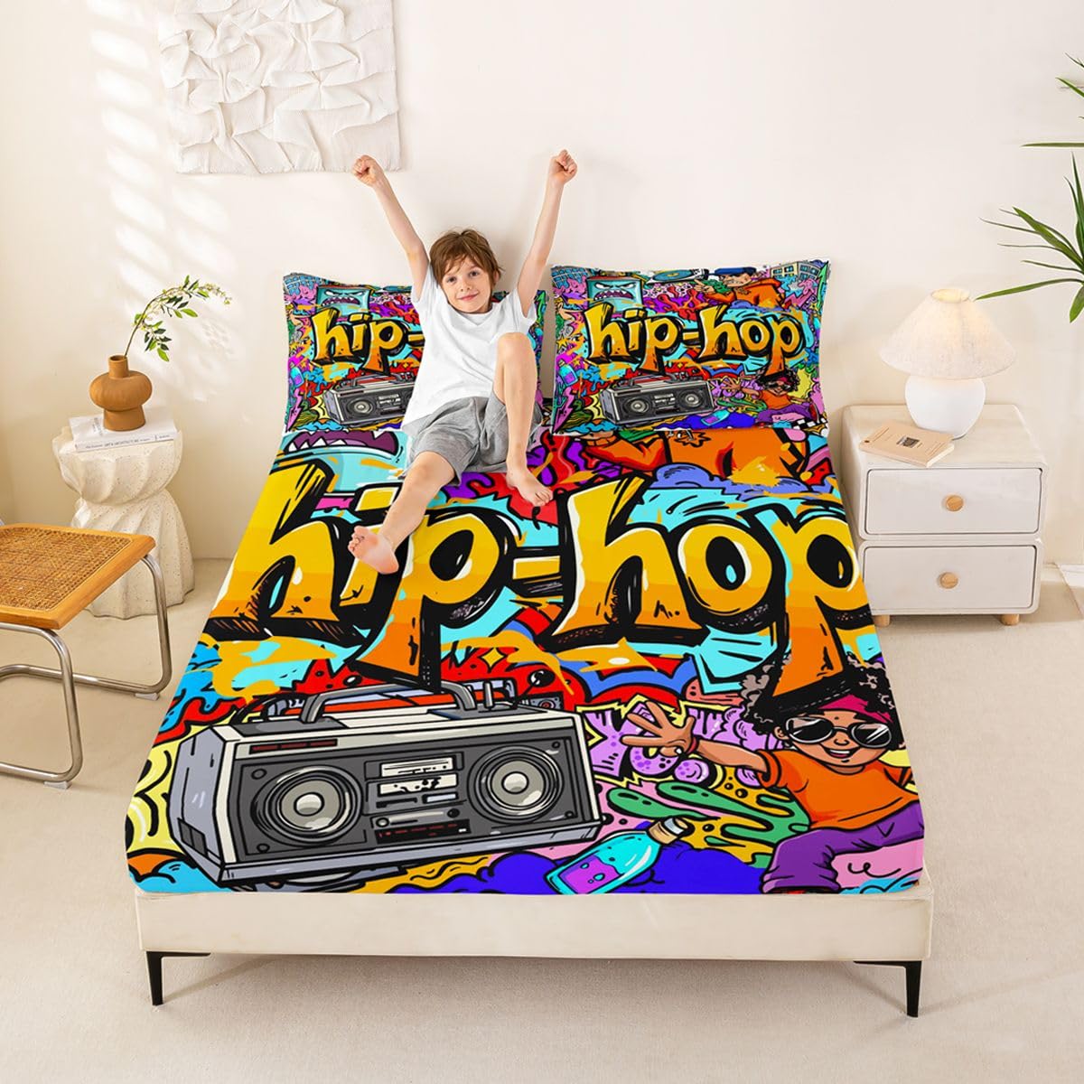 Feelyou Hippie Graffiti Sheets Hip Hop Radio Rock Bed Sheet Set Kids Boys Colorful Graffiti Pattern Bedding Set Watercolor Art Fitted Sheet Bedroom Collection 3Pcs Full Size