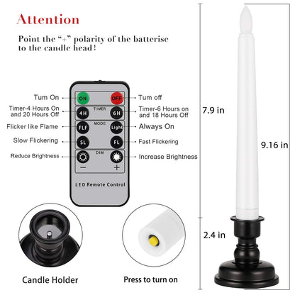 FREEPOWER Set of 6 Flameless Window Taper Candles with 6PCS Black Base, Battery Operated FlickeringTaper Candle with Remote and 4H/6H Timer,for Christmas Home Wedding Decor..