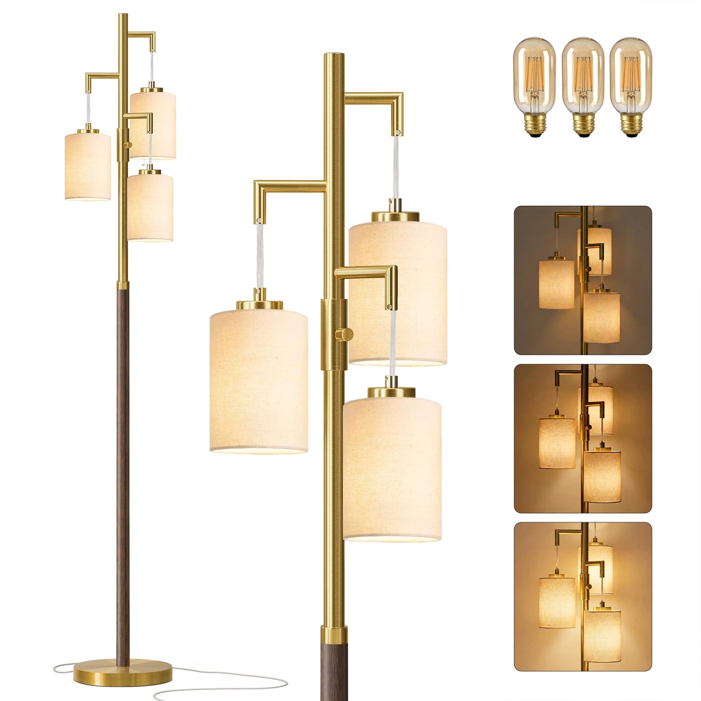 G-SAFAVA 70" Dimmable Floor Lamp Wood Floor Lamps for Living Room Bedroom Mid Century Modern Floor Lamp Gold Standing Lamp Tall Lamps for Office Nursery Reading Elegant Stand Up Lamp, 3 Bulbs Included
