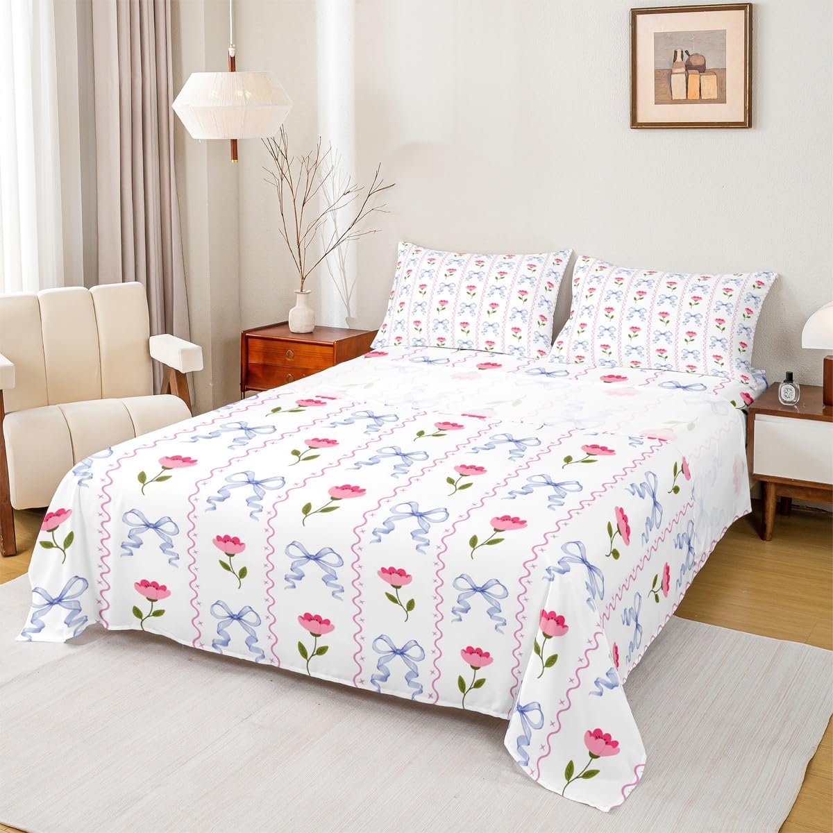 jejeloiu Bow Bed Sheets Set Twin Size Rose Deep Pocket Fitted Sheet Colourful Bowknot Bedding Sets Rose Floral Flower Soft Bed Set 3Pcs with 1 Pillow Cases