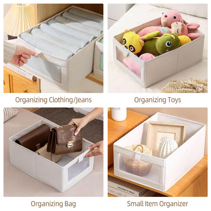 Pradnel Linen Closet Organizers And Storage, 4 Pack Storage Bins Baskets for Organization Foldable Organizer with Clear Window Organizing Clothing, Jeans, Shelves