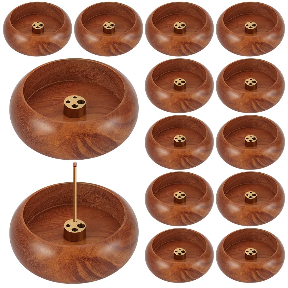 INTERWARM 12Pcs Wood Incense Burner Holder, Incense Holder for Stick 4 Holes Bowl Ash Catcher Aromatherapy Ornament Bowl Shape Censer Home Decoration for Home Decor Meditation Yoga Easter(Brown)