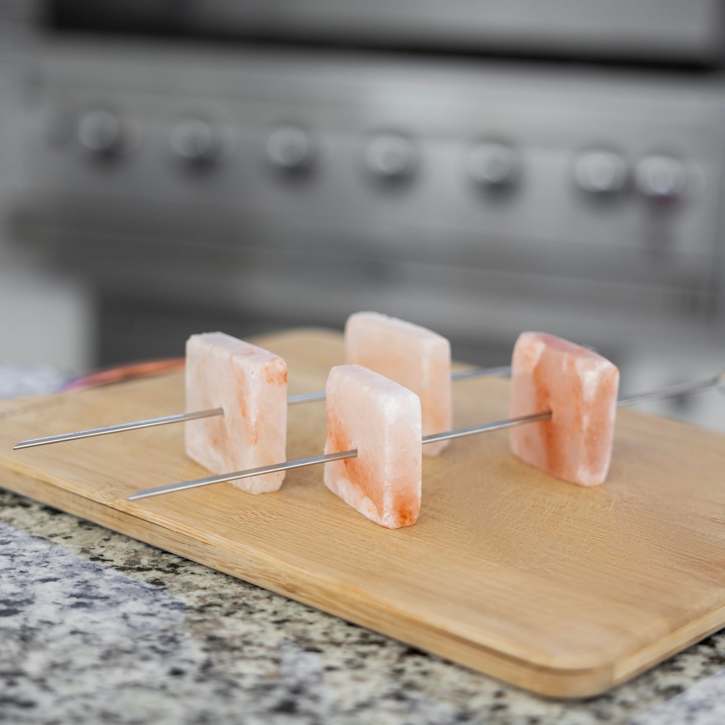 Outset Grill Skewers, Stainless Steel BBQ Skewers With Pink Himalayan Salt Cubes, 2 Skewers and 4 Cubes For Kabobs