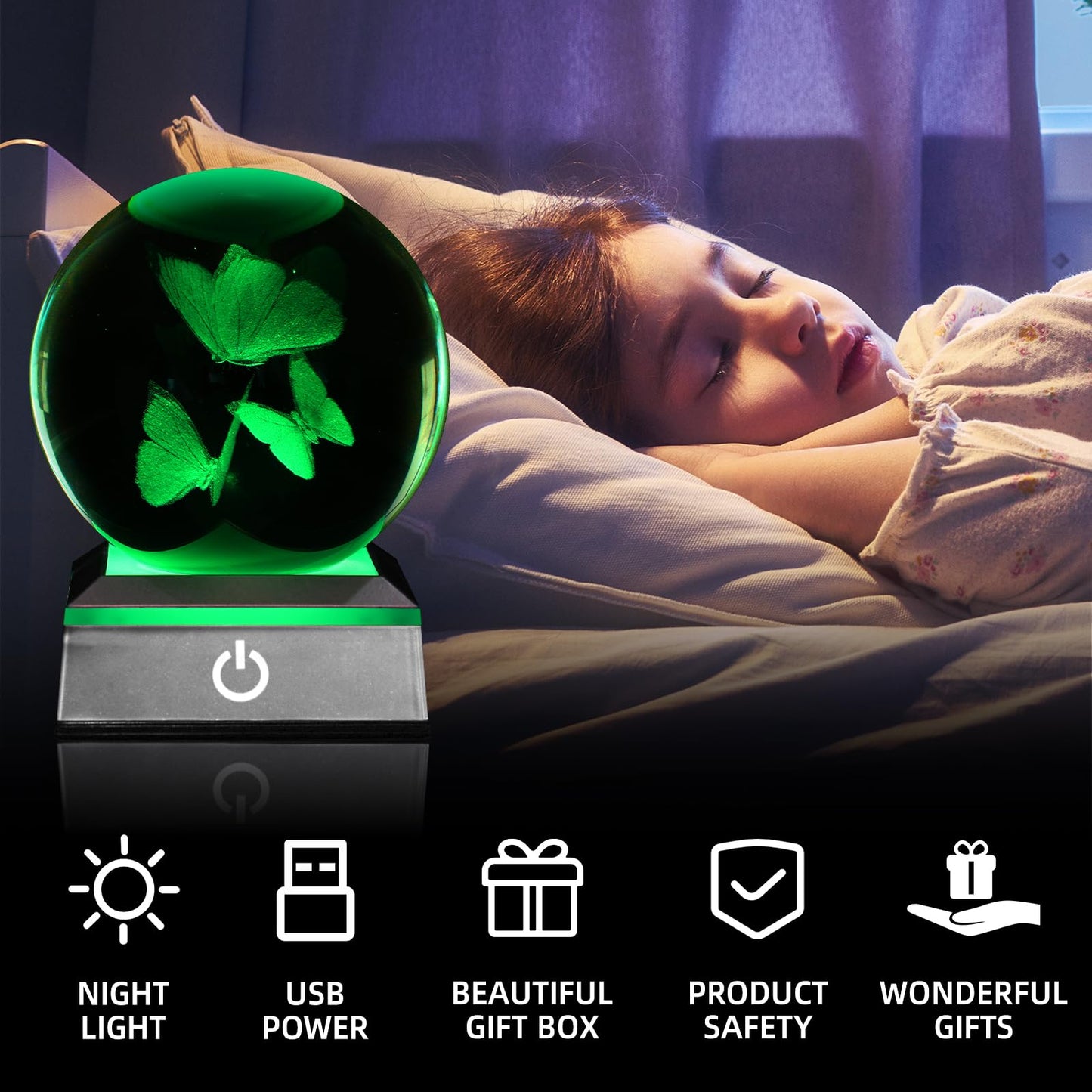 3D Crystal Ball Night Light - 3.15 Inch Butterfly Figurines Glass Ball Table Lamp with Color Changing Touch Base - Butterfly Gifts for Friends, Kids, Women - Christmas, Birthday