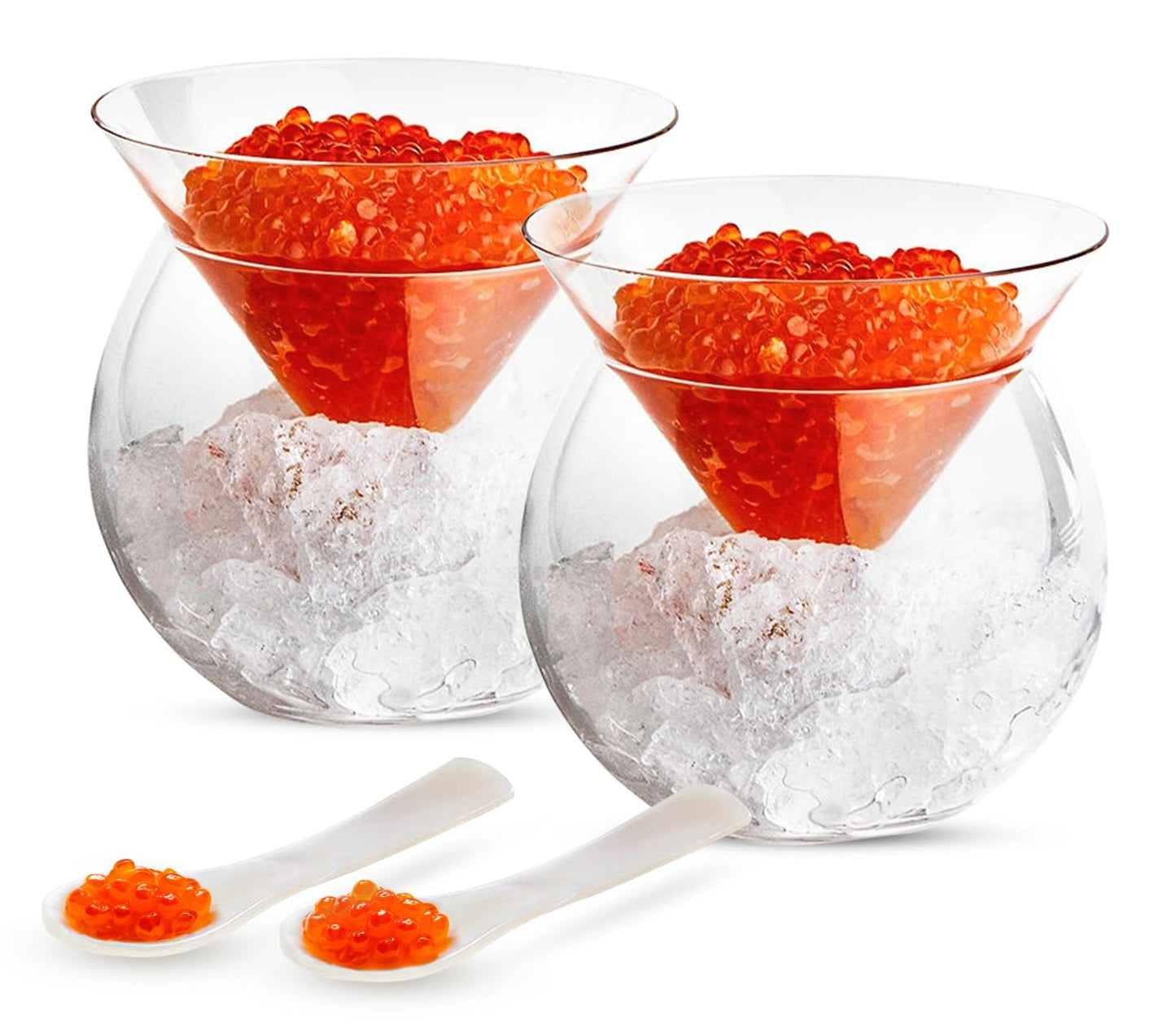 KooK Glass Caviar Chiller Server Set, with Mother of Pearl Spoons, Serving Dish with Ice Holder, for Shrimp, Appetizers, Liquor, Martinis and Cocktails, Dishwasher Safe, 5 oz Bowl, Set of 2