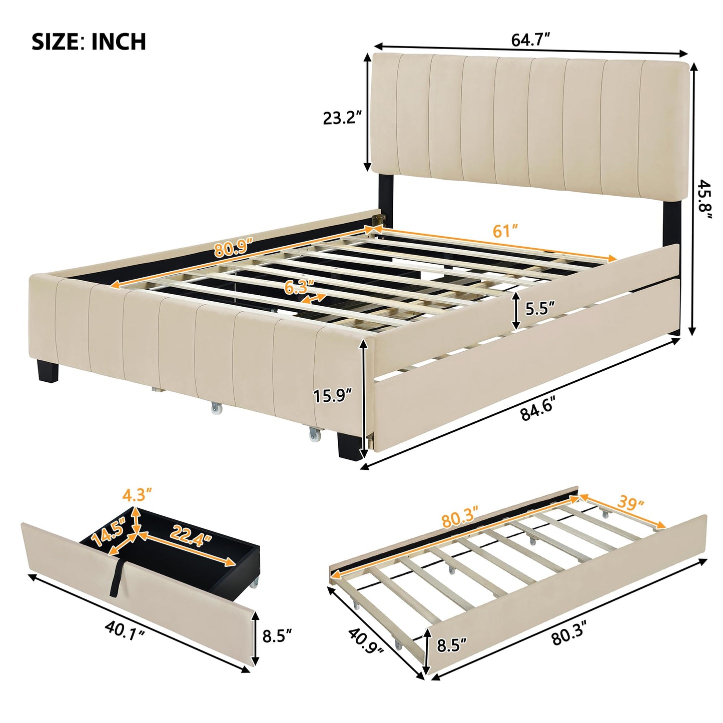 Merax Queen Size Upholstered Platform Bed with 2 Drawers and 1 Twin XL Trundle, Beige Wooden Bed Frame, No Box Spring Need