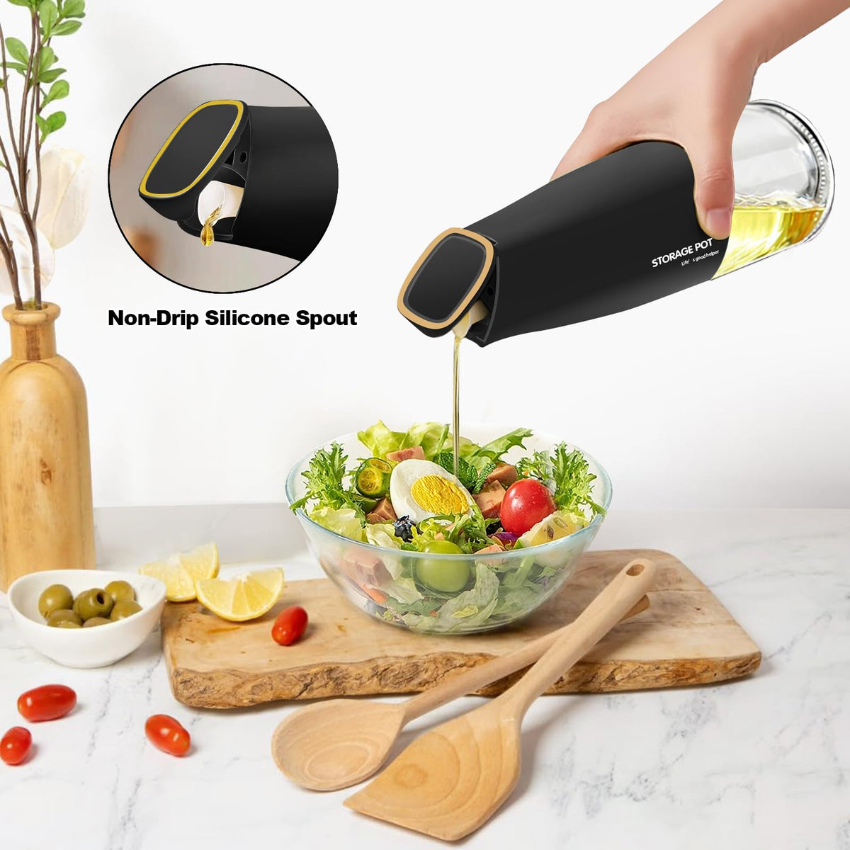 YARRAMATE 2Pcs Large Capacity Aesthetic Olive Oil Dispenser for Kitchen, 500ml /17oz Cooking Glass Vinegar Drizzler, Leak Proof Oil Bottle, Non-Drip Soy Sauce Dispenser, Oil Pourer&Labels(White&Black)